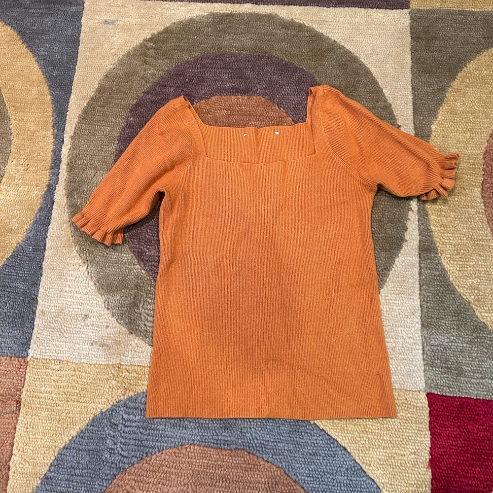 LOFT Square Neck Short Sleeve Sweater Top Ribbed Ruffle Sleeve Burnt Orange XS